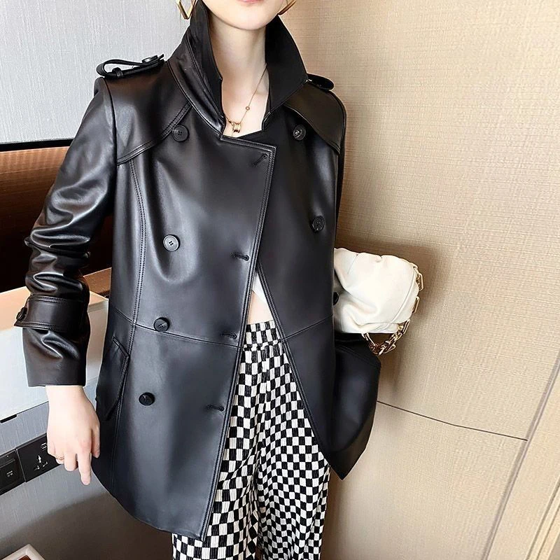 Fashion Double-breasted Women Genuine Sheepskin Jackets Coats Chic Khaki Ladies Turn-down Collar Belt Mid-length Trench Coats