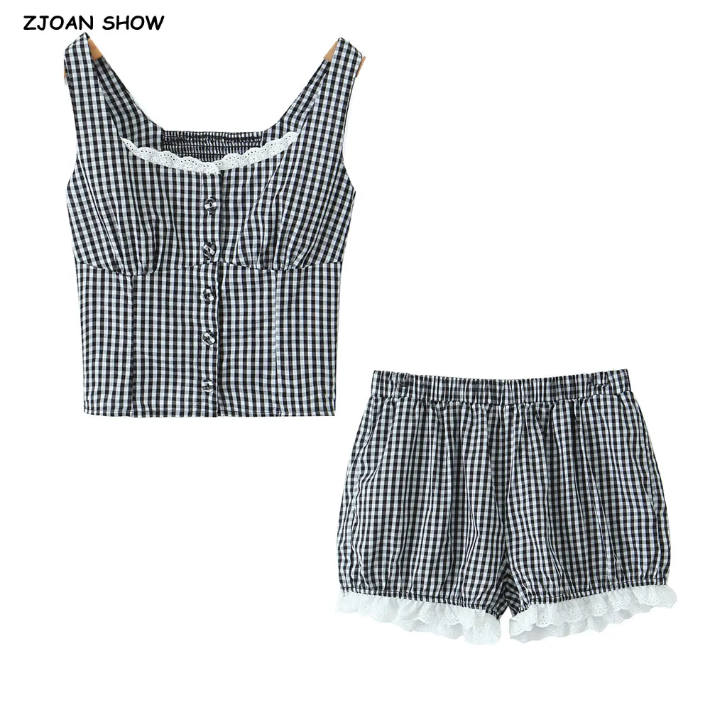 2 pieces 1 set 2025 Holiday Gingham Plaid Spliced Lace Buttons Tank Top+ Elastic Waist BUD Mini Shorts Black Red