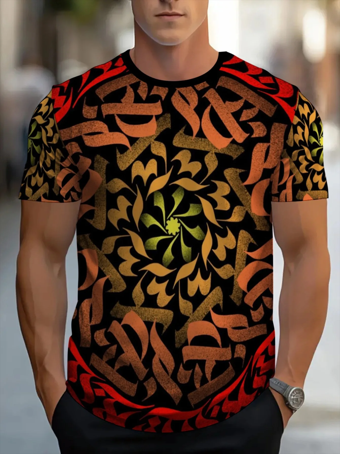Men Gradient Tribal Swirl Abstract Print Crew Neck Short Sleeve Back Print Tee