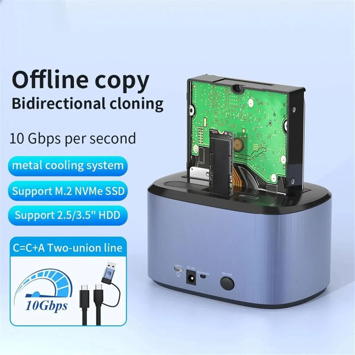 HDL M.2 SATA NVMe 2.5/3.5 Inch SSD HDD Dual Bay Hard Drive Dock USB3.0 Offline Clone Duplicator External Storage EU Plug
