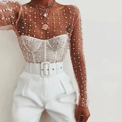 Women's Rhinestone Pearl Clear Perspective Mesh Top Summer Sexy See Through Female Long Sleeve T-shirts O-Neck Club Party Tops