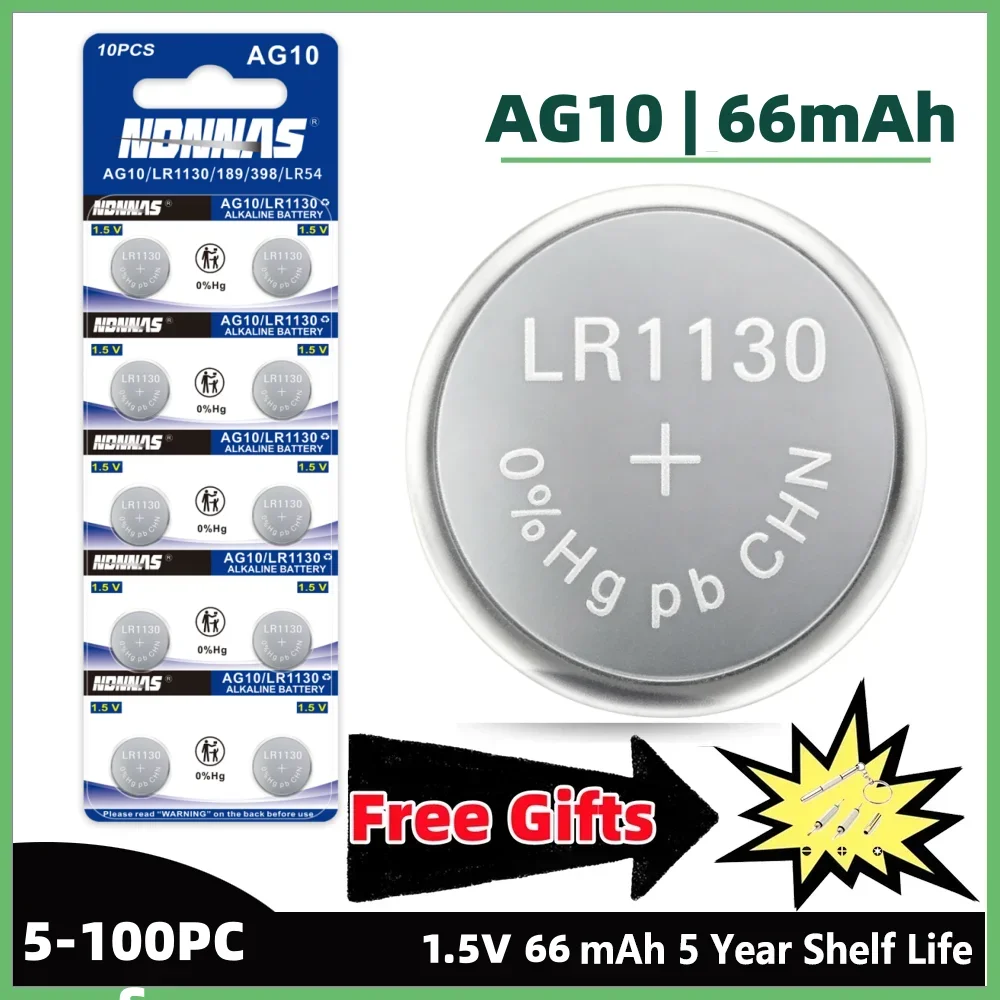 Batería de Botón AG10 LR1130 de 1.5V, Alta Capacidad 389A LR54 L1131 SR1130 para Relojes, Calculadoras y Controles Remotos