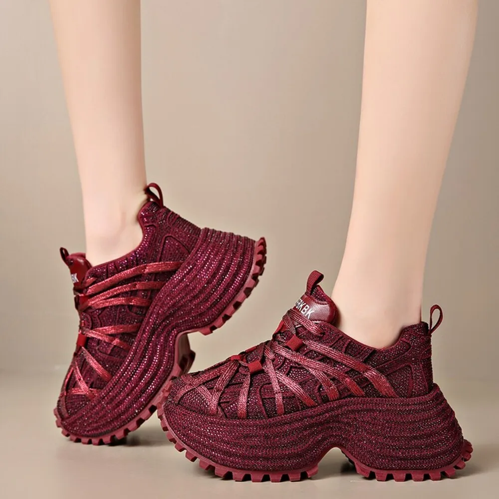 Ladies' Sparkly Rhinestone Platform Sneakers, Chunky Lace-Up Shoes, Comfortable Footwear for Daily Wear & Night Out