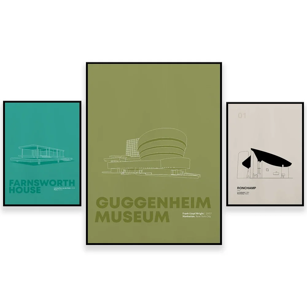 ملصق جرافيك Farnsworth House Mies van der Rohe، متحف Guggenheim، Le Corbusier's Villa Savoy، Longchamps الفرنسي للهندسة المعمارية #1