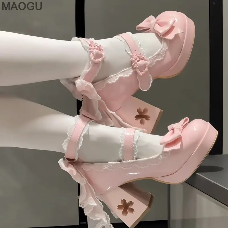 Schöne Mädchen rosa Lolita Schmetterling Knoten High Heels Plateauschuhe für Frauen süße Sakura Kleid Mary Janes Beige Größe 34-42