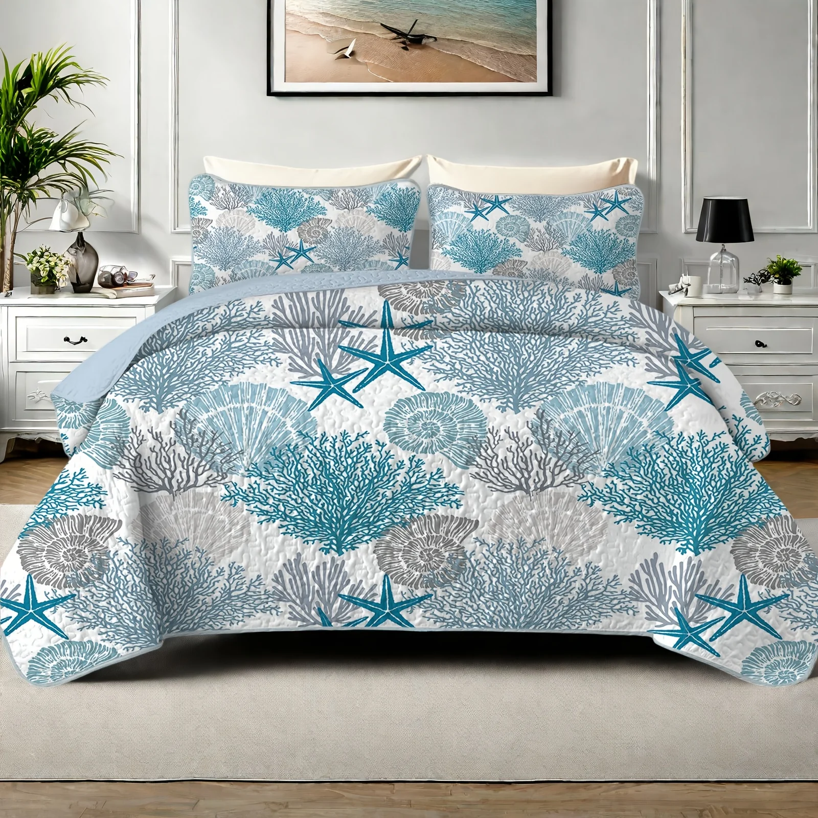 3-Piece Quilt Set – Lightweight Microfiber Bedspread with Soft Quilted Texture, Cool-to-Touch Summer Coverlet Featuring Playful Coral & Starfish Design – Includes 1 Quilt + 1 or 2 Matching Pillow Shams – Versatile for Year-Round Use – Thoughtful Home Gift