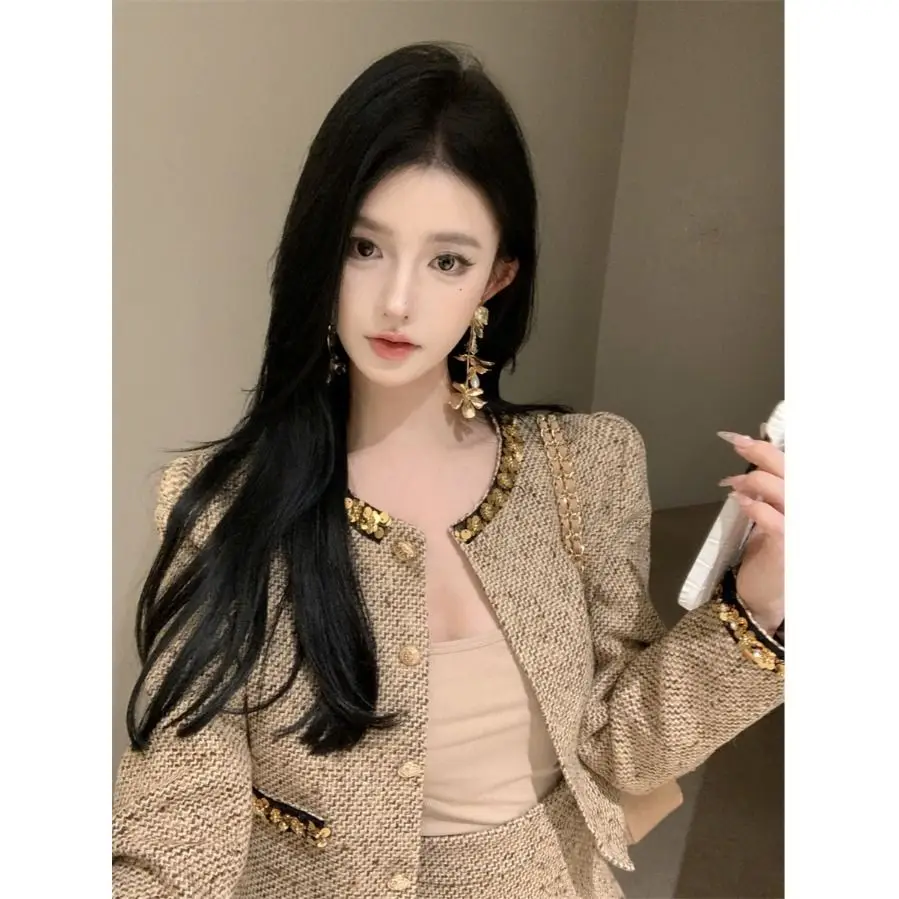 Elegant Short Woolen Jacket And Skirt Set for Women with Gold Weave Sequins round Neck Design Fashionable And Stylish