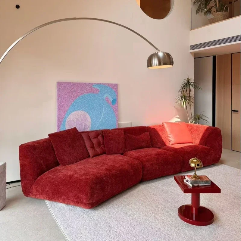 

Italian vintage red chenille velvet fabric sofa small apartment living room special-shaped splicing corner chaise sofa red