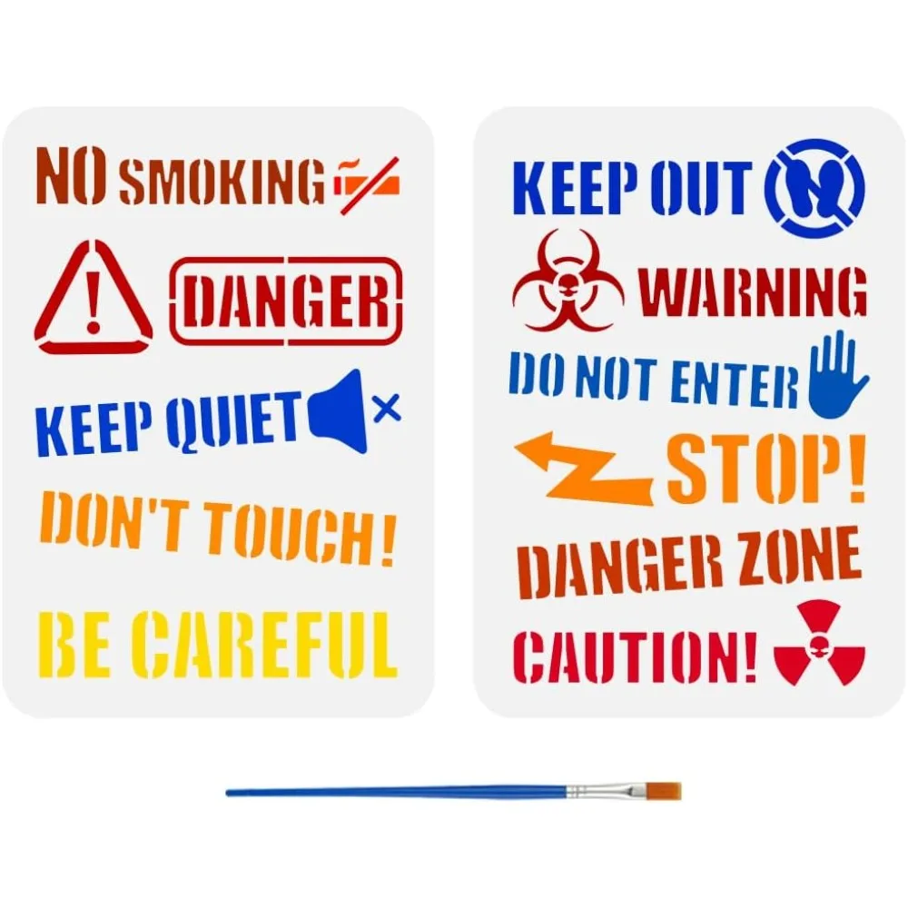 Plantilla de dibujo con palabras de advertencia, 2 uds., con pincel, 11,7x8,3 pulgadas, plantilla para pintar señales de advertencia, prohibido fumar, detenerse, mantenerse silencioso