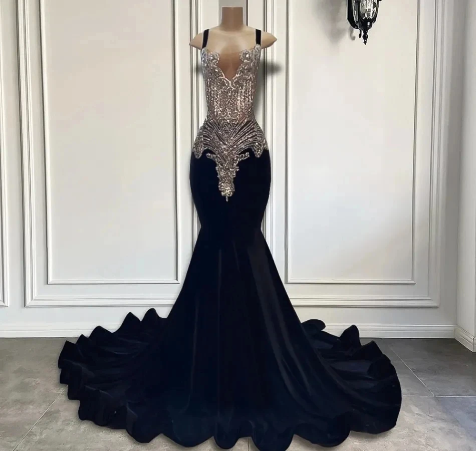 Luxury Prom Dress 2025 Mermaid Sparkly Silver Diamond Crystals Black Girl Velvet Evening Gala Party Gowns Robe De Soiree Customi