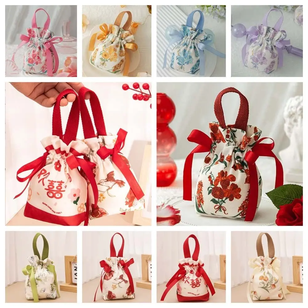 Bird Canvas Drawstring Bag Floral Large Capacity Small Flower Wrist Bag Bucket Bag Wedding Candy Bag Bowknot Handbag Festival