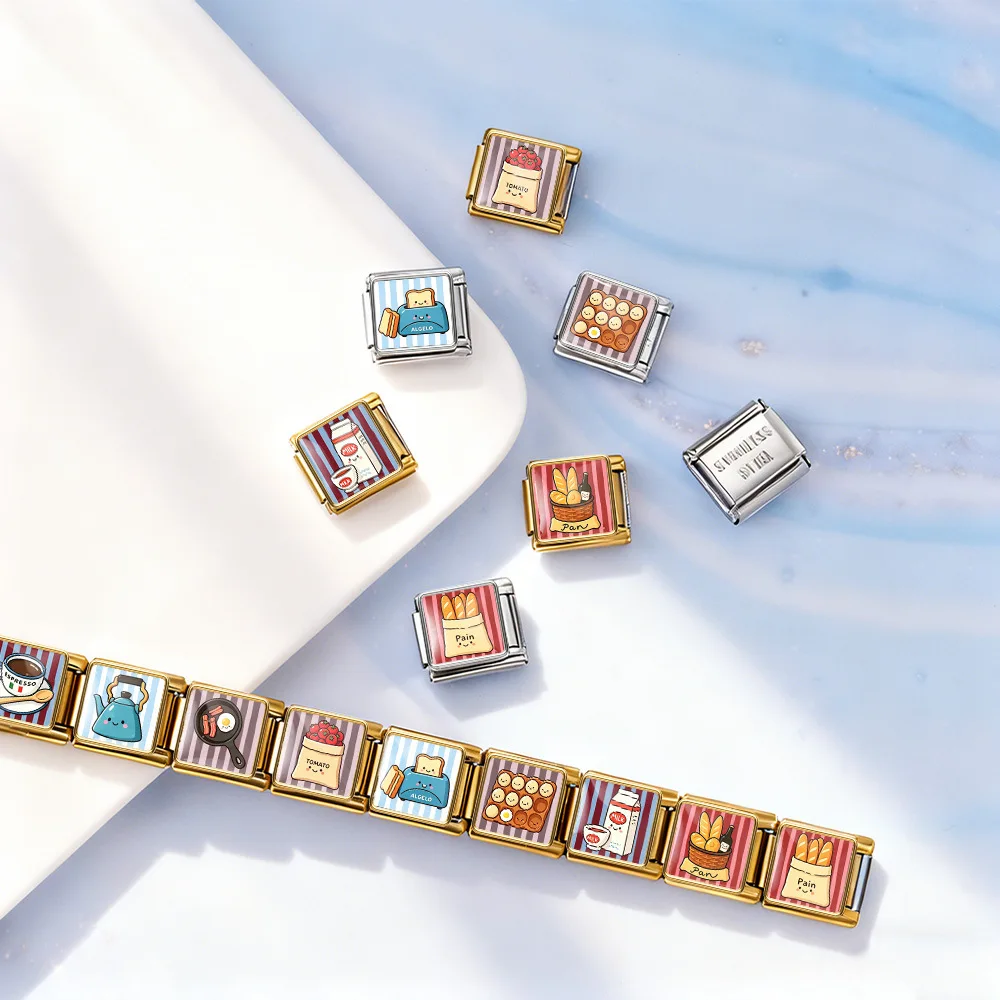 Cute Cartoon Breakfast Food Bread Milk Coffee Printed Tile Links Fit 9mm Stainless Steel Italian Module Bracelet DIY Accessories