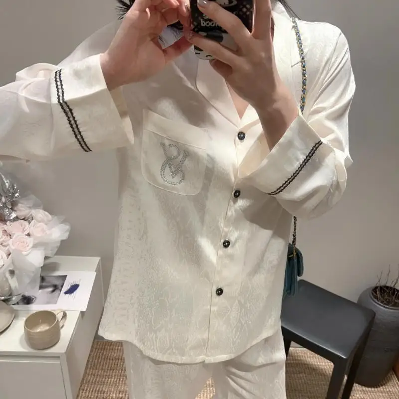 

2025 New Spring Pajamas Set Long Sleeve Top&pants 2Pcs Ice Silk Loungewear Women Jacket Sleepwear Loose Home Clothes Nightgown