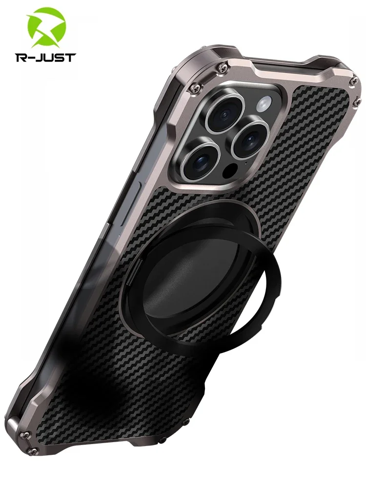 

R-just Metal Carbon Fiber Case For Iphone 15 16 14 13 Pro Max Cover Lightweight Aluminum Alloy Funda Coque Built-in Holder Ring