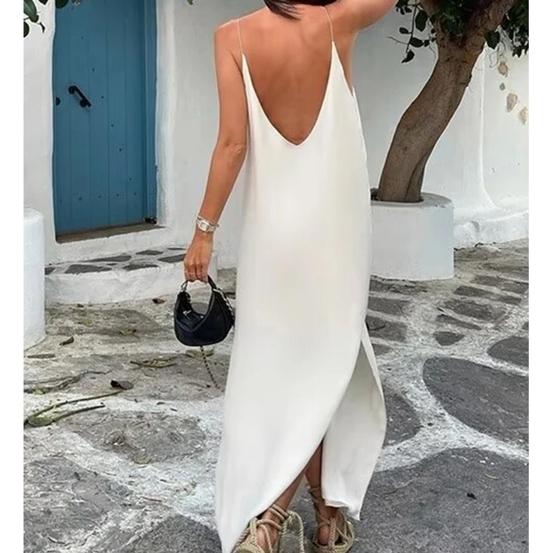 Sommer Frauen sexy rücken freie Schlinge Satin weiß langes Kleid o Hals Saum Schlitz weibliche Urlaub Strand kleider Maxi Robe