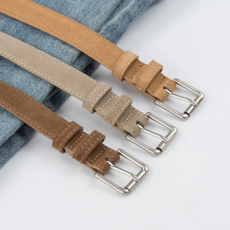 Frosted Cowhide Women's Belt Goth Retro Versatile Jeans Accessories Girdle Luxury Design Silver Pin Buckle Waistband