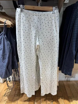Vrouwen Blauwe Bloemen Oogje Rechte Lange Broek 2024 Zomer Hoge Taille Casual Wijde Pijpen Broek Vintage Katoenen Thuis Pyjamabroek Y2k
