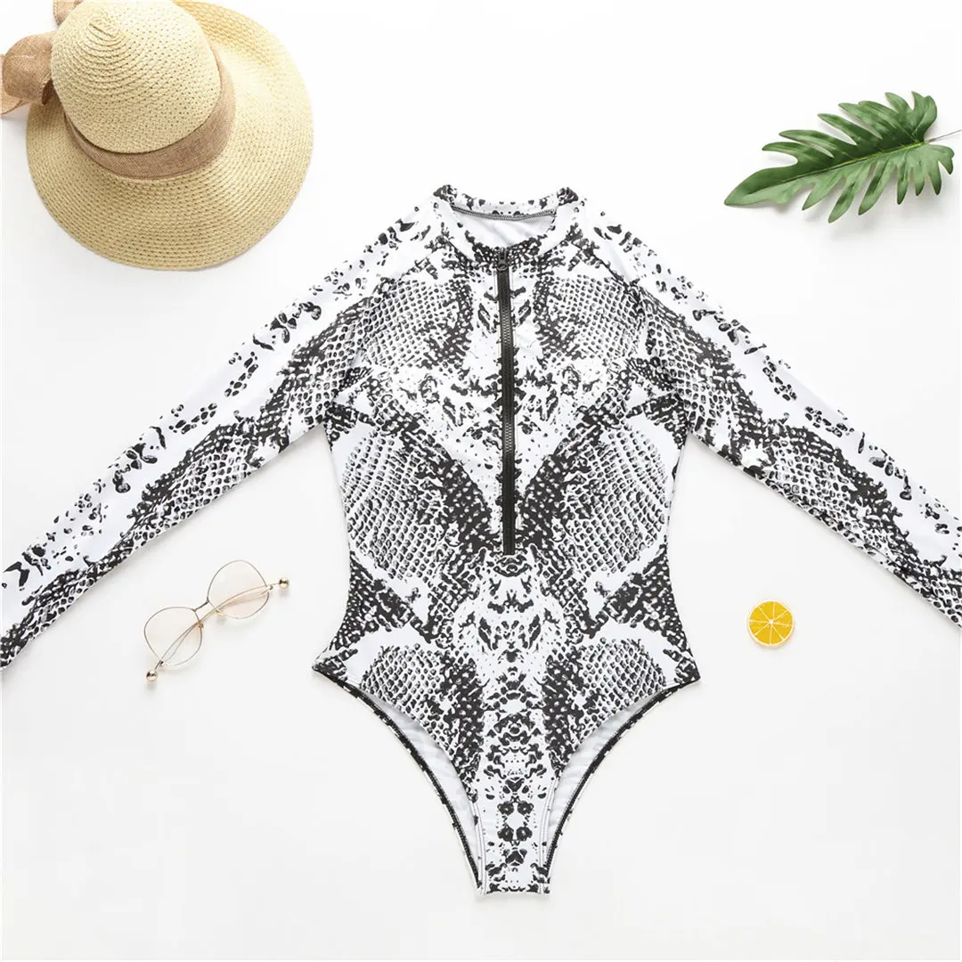 Sexy Reißverschluss Surf Rash Guard Einteiliger Badeanzug Damen Bademode Weiblicher Badeanzug mit Schlangenhaut-Print und langen Ärmeln V2108L – Detail 15