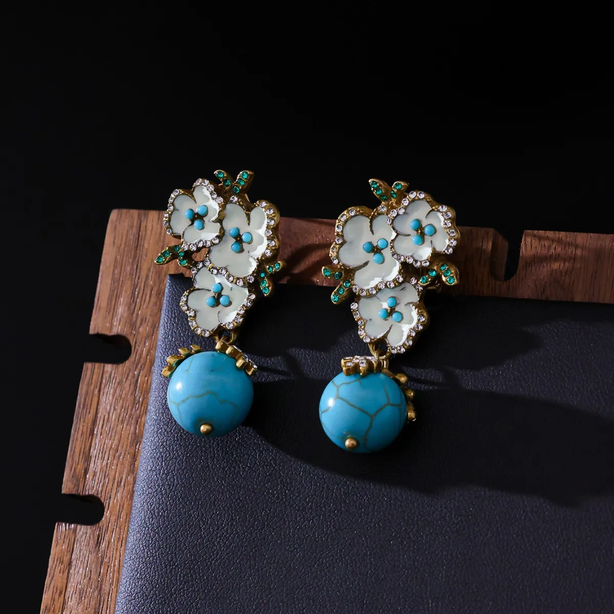 Medieval flower symmetrical stud earrings retro  earrings, artistic high-end diamond enamel earrings