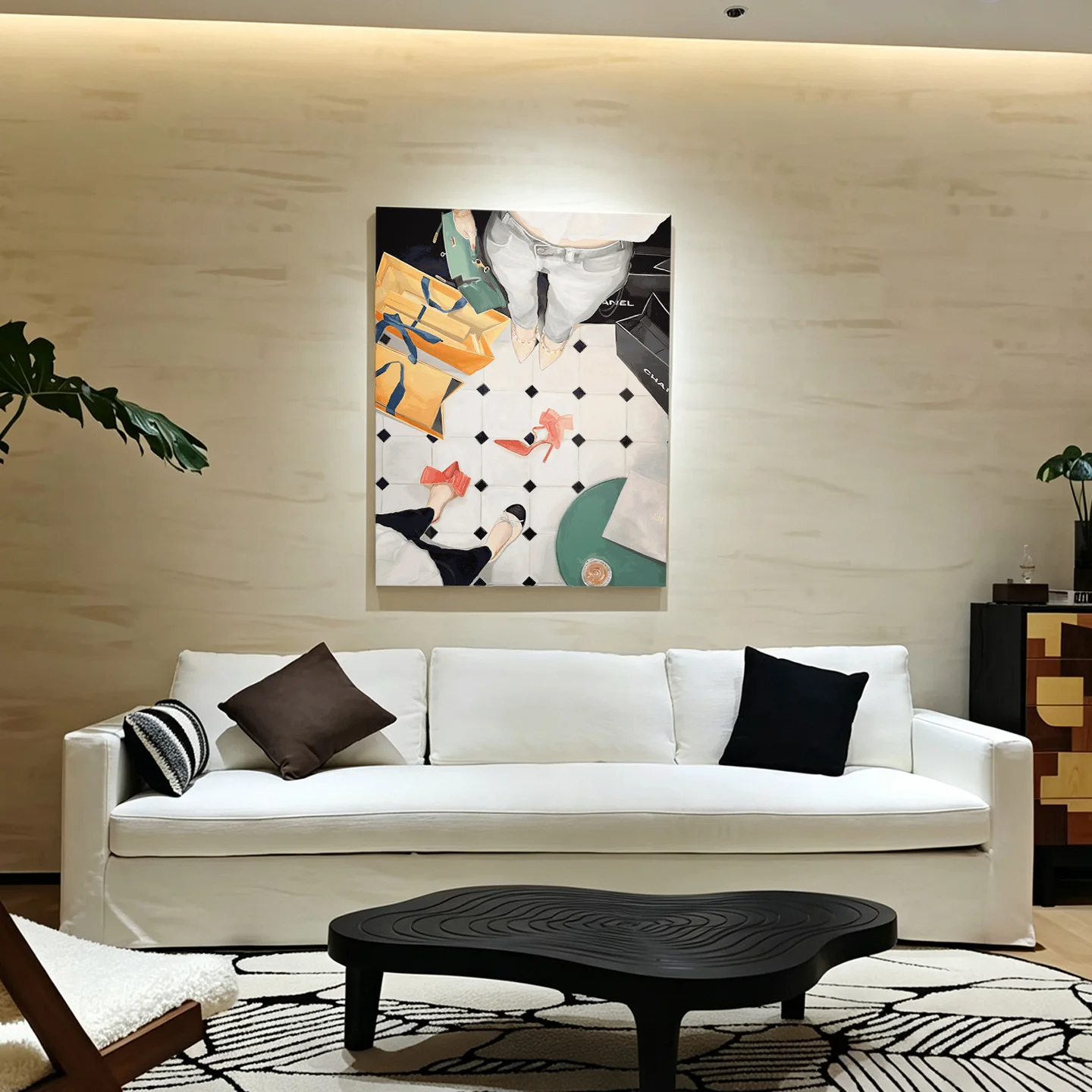 Fashion Girl Shopping Canvas Wall Art, Luxury Handbag High Heels Figure Painting Print, Glam Modern Aesthetic Home Decor for Bed
