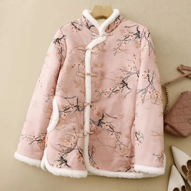 Winter New Chinese Style Retro Printed Thickened Cotton Jacket Improved Tang Cheongsam Jacket Plush Coat Women Outerwear Z4557