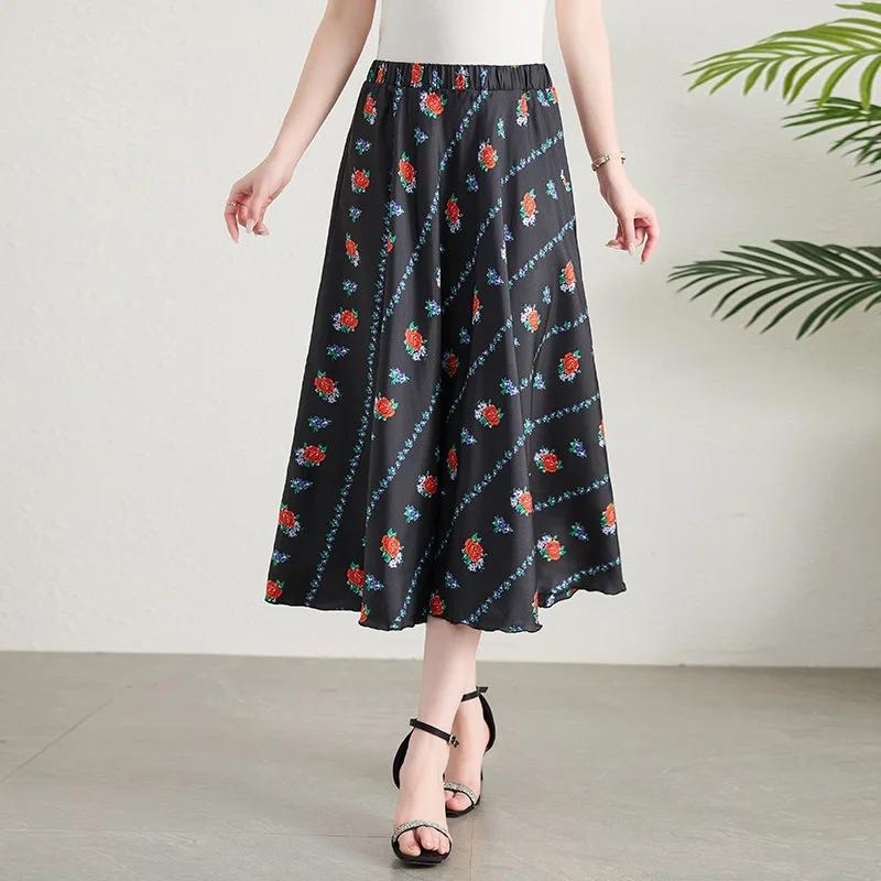 Sommer Seide Blumendruck Midirock Hohe Taille A-Linie Maxikleid Fee T Sensenwirtschaft Seide f-länge Ci Outdoor Sle