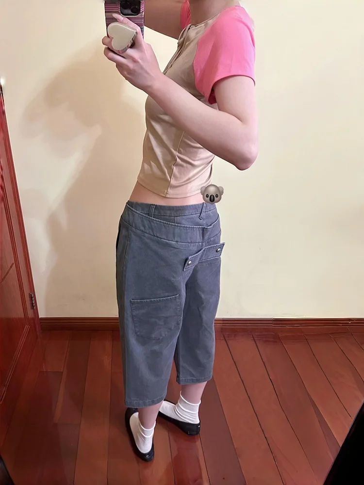 ReddaChic Napoleon Capri Jeans Woman Vintage Gray Do Old Low Rise Wide Leg Straight Cargo Bermuda Denim Shorts Trendy Streetwear view 3