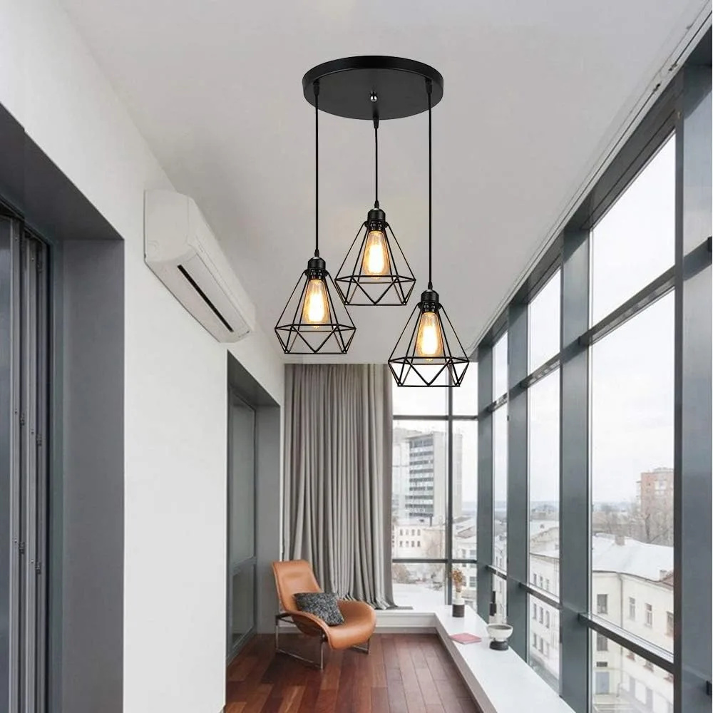 JOYINLED 20cm Ceiling Pendant Light, Vintage Industrial Hanging Lamp Metal Black Iron Cage Diamond Shape E26/E27 Base Chandelier