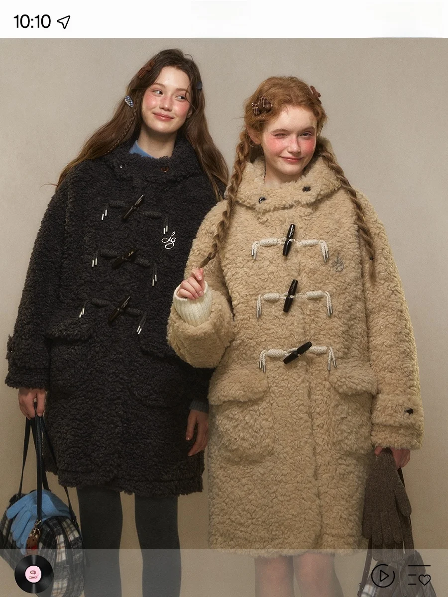 

LOLOL Women's Thiened Lamb Fur Cotton Jaet Coat with Hood Retro Sle Button Closure Medium-Length Winter Outerwear