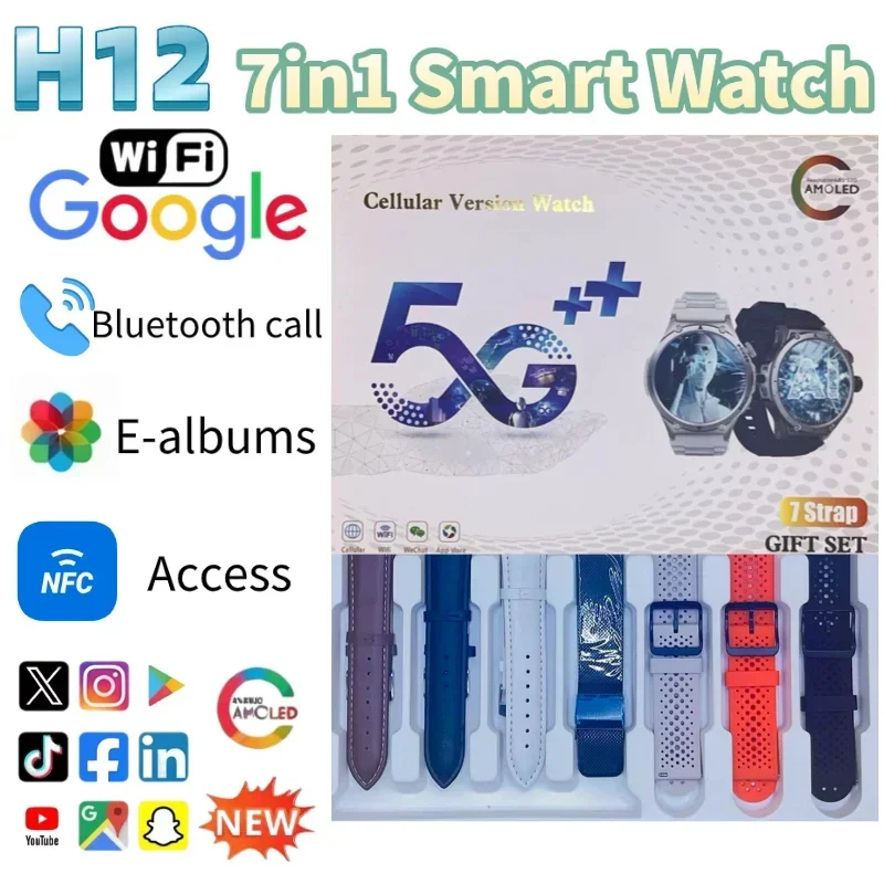H12 Android Smartwatch 4G LTE SIM Card 1.6Inch AMOLED Display 8GB+128GB GPS NFC Bluetooth Calling 100+Sports Modes for Men Women