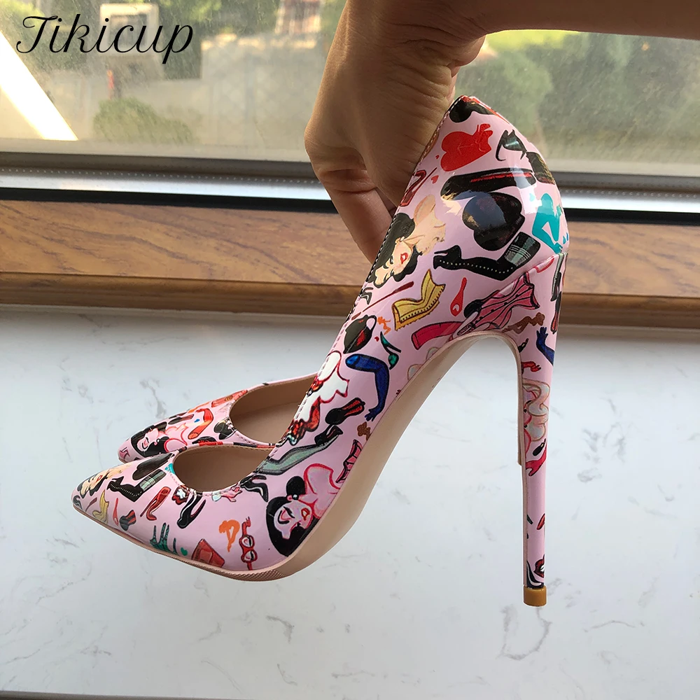 Tikicup Fashion Printed Women Pointy Toe High Heel Shoes for Floral Dress White Patent Leather Stiletto Pumps Plus Size 33-45