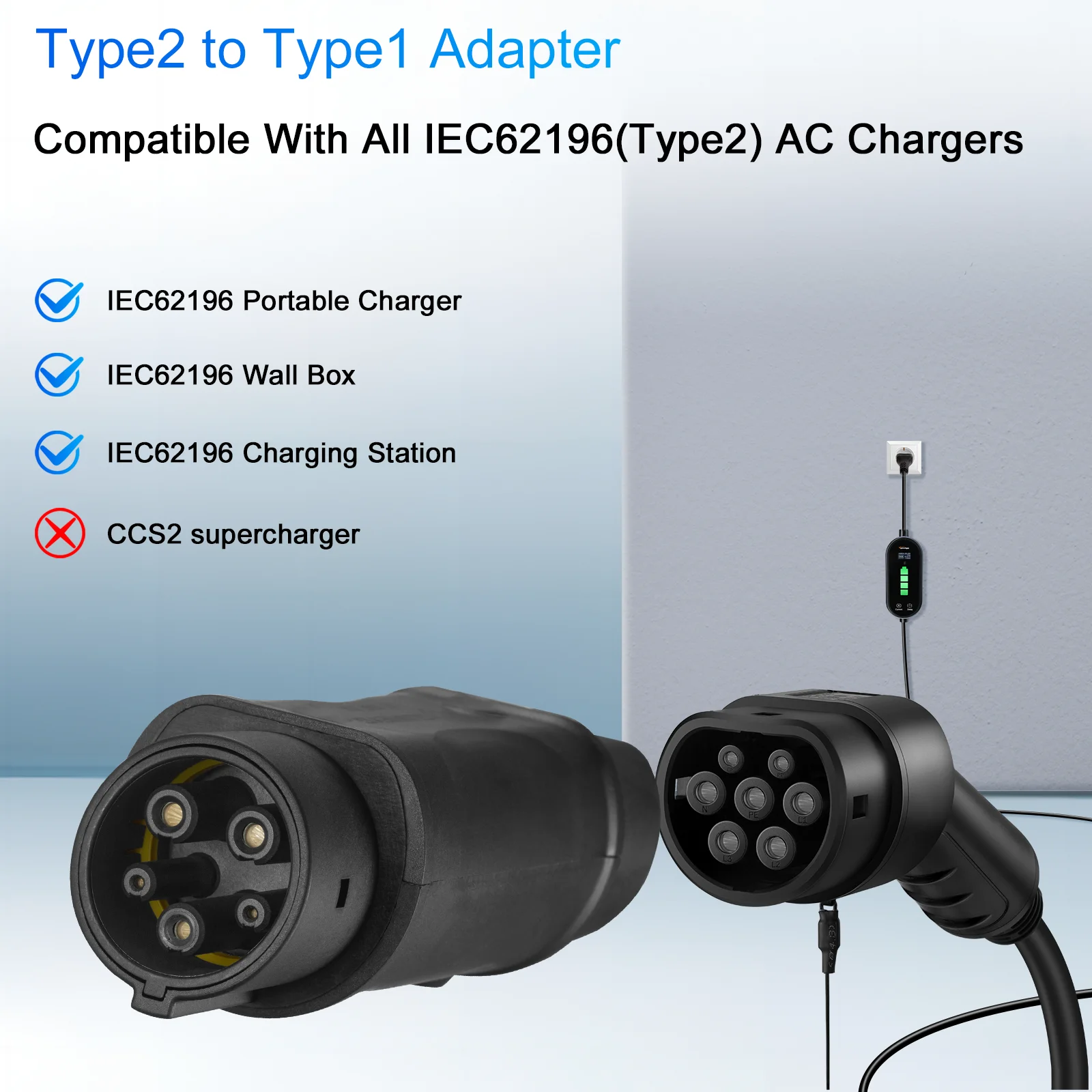 GUWIEYG Type2 to Type1 EV Charger Adapter 32A 1Phase Compatible with Type 2 Charger for Electric Car with Type 1 Charging Socket