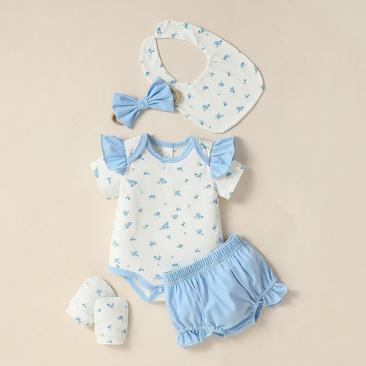 

5PCS Girls Baby short Sleeve Printing Flower Cute For Daily BodySuit +Bow headwear+Bib+Gloves
