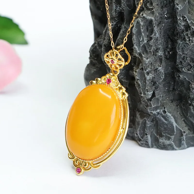 Chinese Style Good Lucky Auspicious Blessing S925 Silver Inlaid 20x15mm Natural Old Yellow Beeswax Oval Pendant Feng Shui Wealth