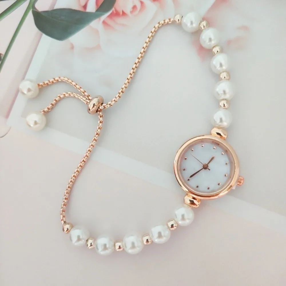 Round Dial Pearl Bracelet Watch Elegant Minimalist Women Quartz Watch Adjustable Drawstring Chain Roman Numeral Small Dial Watch