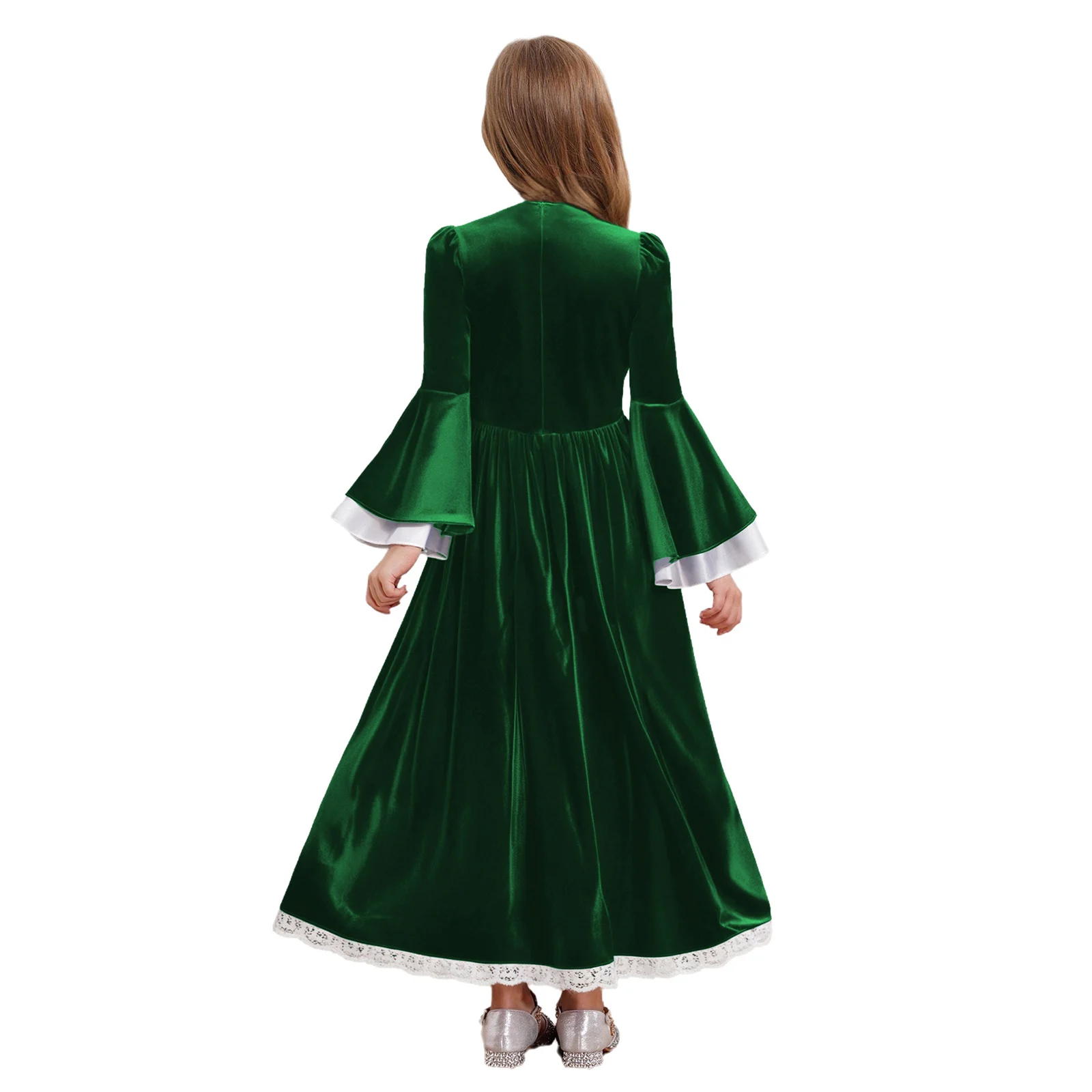 

Girls Kids Halloween Medieval Princess Dress Cosplay Costume Color Contrast Long Bell Sleeve Ruffled Lace Trim Maxi Dress Up