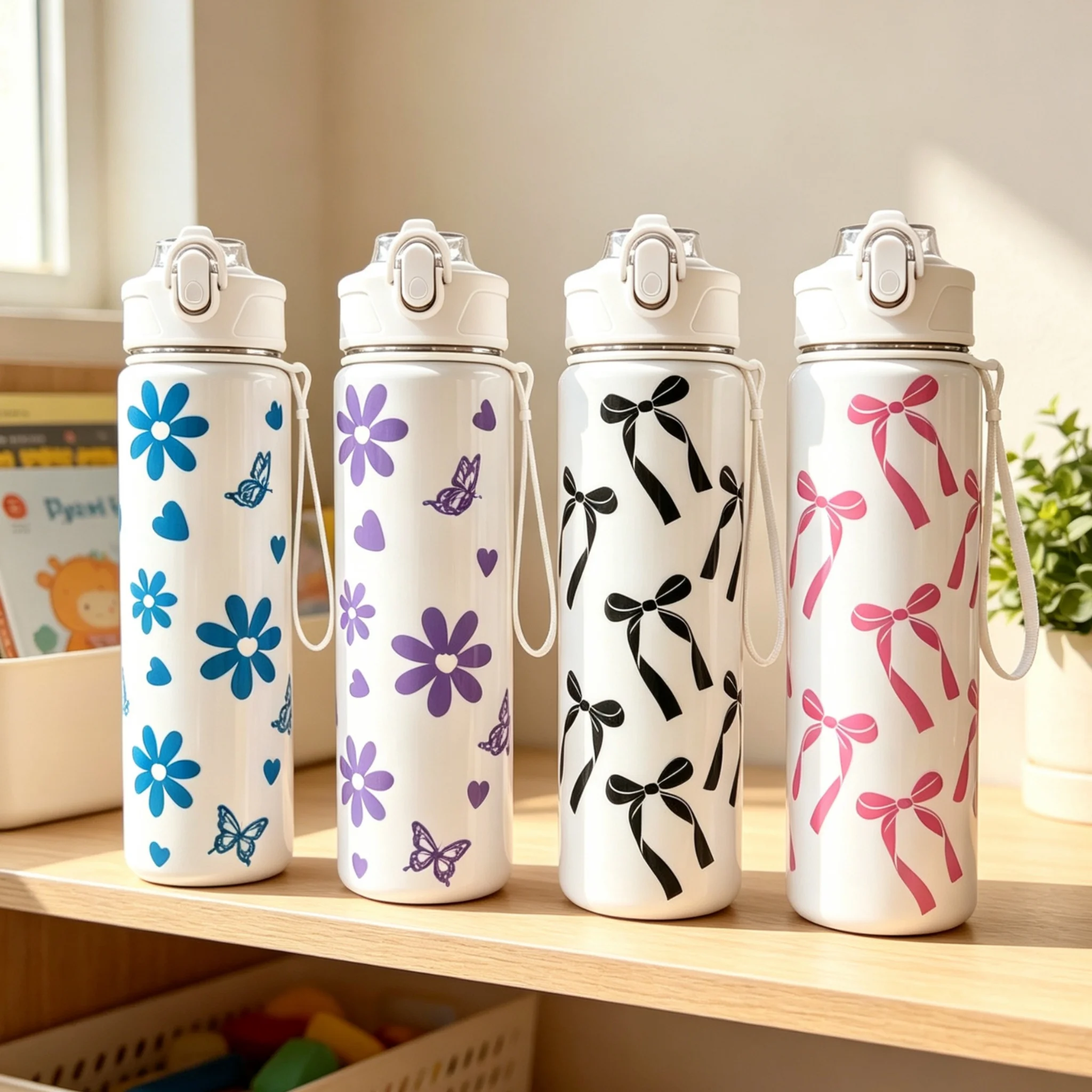 750ml Water Bottle Travel Sports Fitness Water Bottle with Carry Strap Straw Water Bottle Leak-Proof Large Capacity Water Bottle