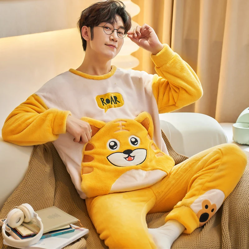 Tay Dài Pijama Người Mùa Đông Hoạt Hình Dễ Thương Làm Dày Dép Nỉ Ấm Cổ Nam Bộ Nam Đồ Ngủ Homewear Rời 5Xl 잠옷