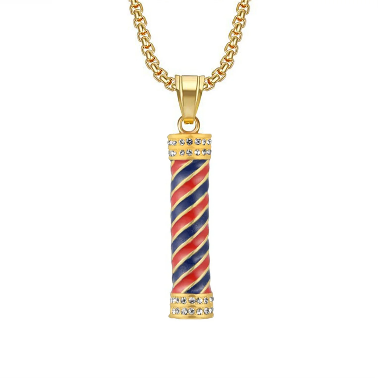 

Hip Hop 3D Barber Pole Rotating Light Pendant Dropshipping Gold Color Stainless Steel Barbershop Necklace for Men Jewelry Gift