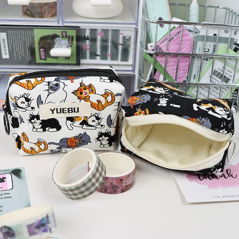 محفظة عملات معدنية لطيفة على شكل قطة، حامل بطاقات، حقيبة سماعة الرأس، سحاب إغلاق، مدمج ومحمول