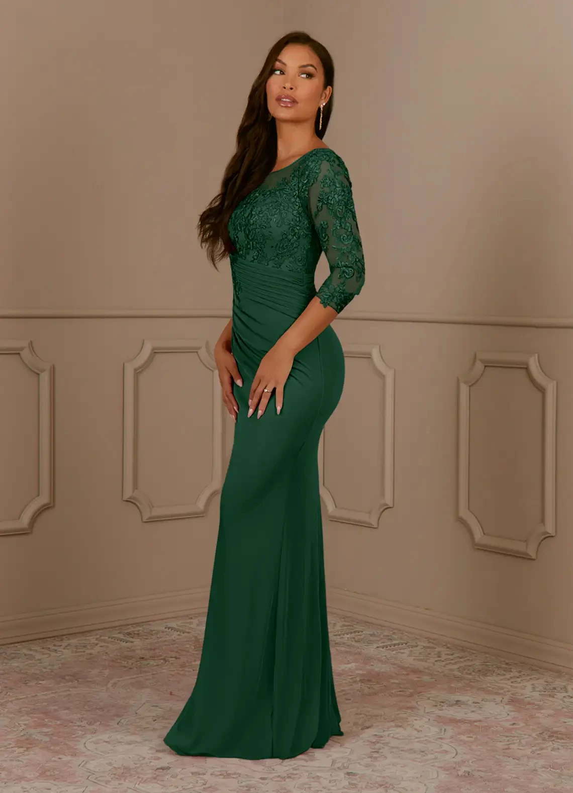 LorstudDark-Robe verte mère de la mariée, manches trois quarts, en dentelle, robe d\'invité de mariage, robe de soirée de RhYMD13