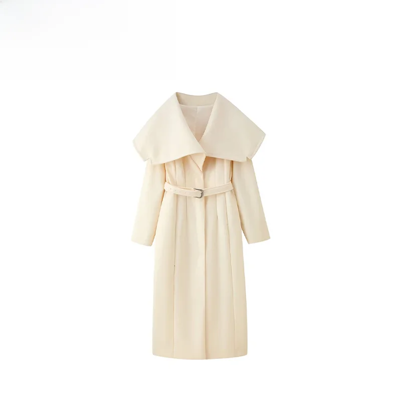 

Zr Autumn New Arrival Women's Faionable Simple Woolen Coat with Belt Turn-down Collar Long Sve Polyester Fiber Street Sle