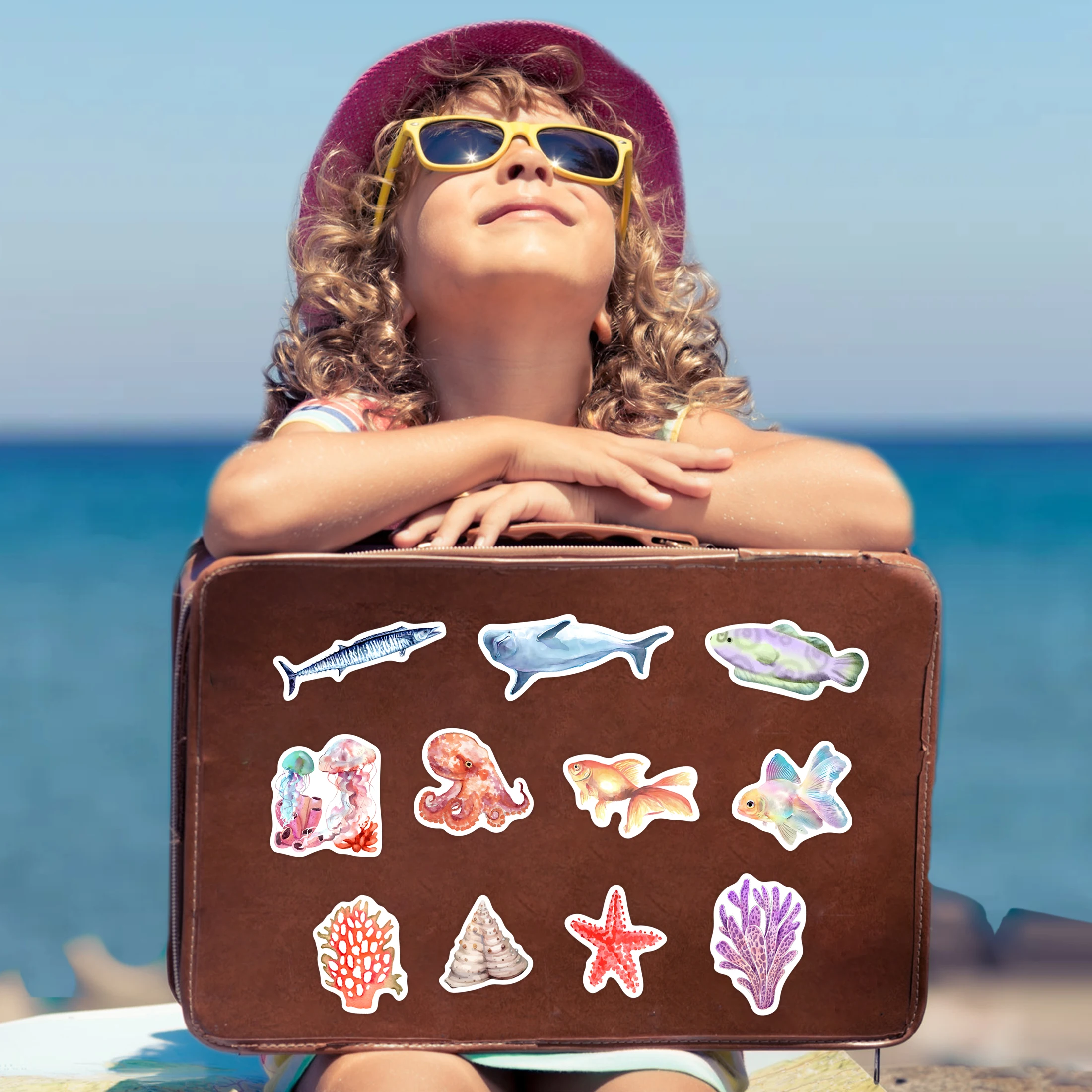 51 Pcs Sea Animals Water Bottle Stickers for Kids,Glow in The Dark Cute Ocean Creatures Laptop Decals, Vinyl Waterproof Adults