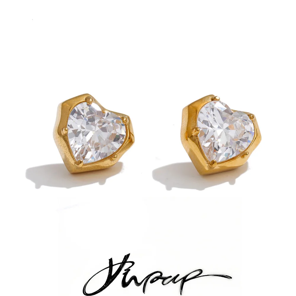 Yhpup Valentine's Day Gifts Stainless Steel Cubic Zirconia Heart Love Stud Earrings Delicate Romantic Charming Jewelry