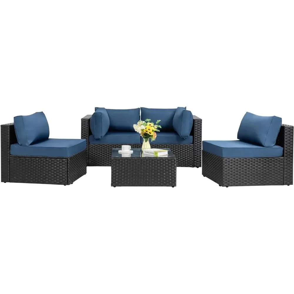 Conjunto de muebles de mimbre de PE negro, sofá seccional para Patio al aire libre, juegos de conversación de Patio con cojines lavables de vidrio, 5 piezas