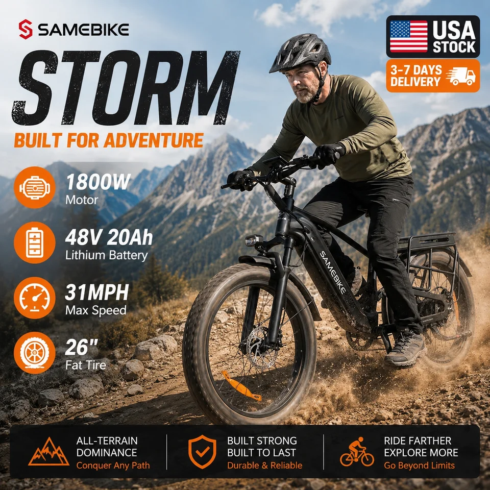 E-Bike for Adults,SAMEBIKE STORM  1800W Motor, 48V 20Ah Removable Lithium Battery, 31MPH Max Speed，26 inch Fat Tire Full Suspension Electric Mountain Bike Hydraulic Disc Brakes, Long Range Off-Road Beach Snow Bicycle。