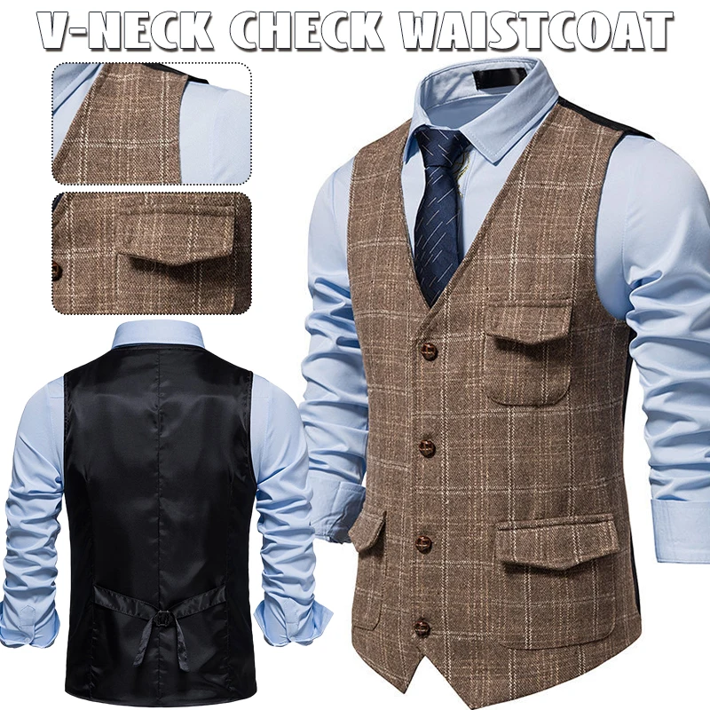 Retro Men Suit Vest British Style Single Breasted Woolen Sleeveless Jacket Slim Fit Vests Wedding Party Formal Blazer Waistcoat