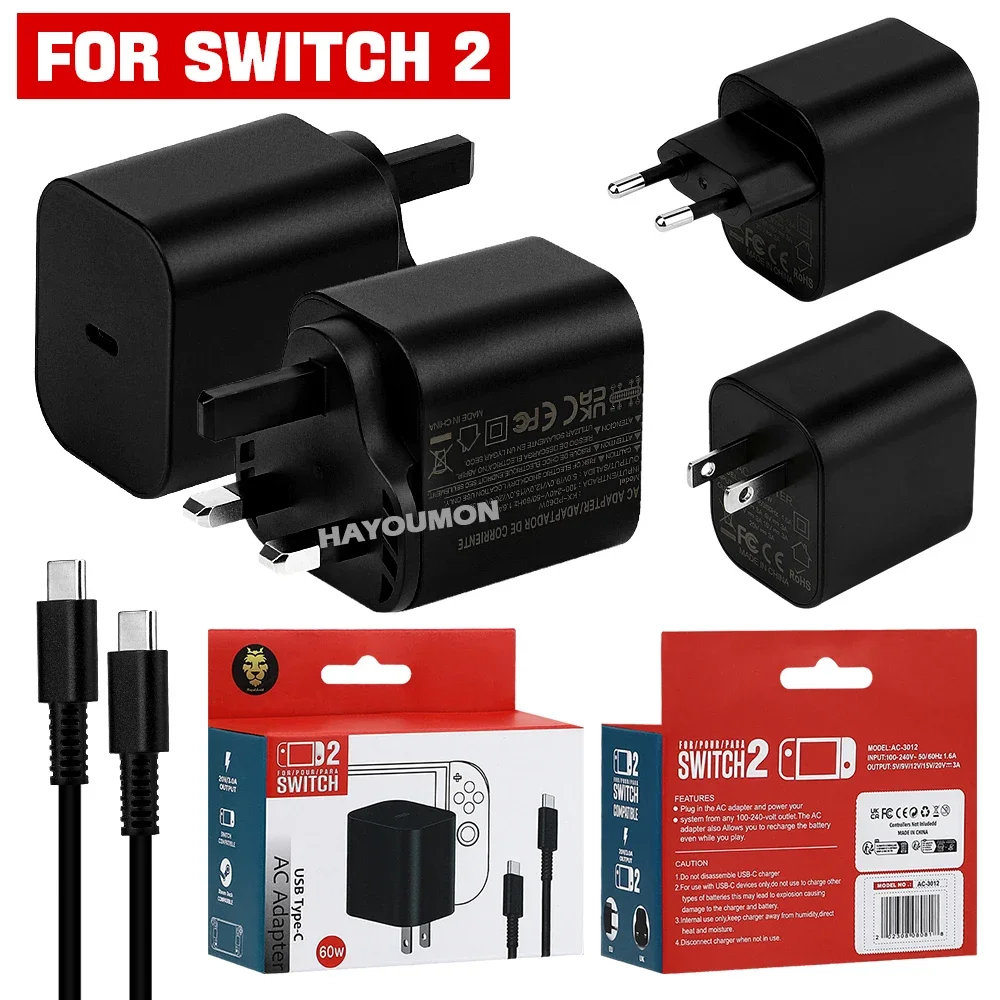 Carregador Rápido para Console de Jogo NS Switch 2, Adaptador de Energia AC USB Tipo C de 60W, Cabo de Carregamento, Plugue EU/US/UK