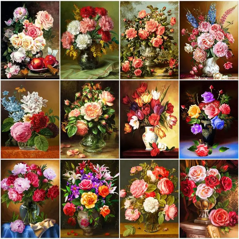 

PhotoCustom Painting By Number Flower in vase Kits For Adults Handpainted DIY Coloring By Number Canvas Home Decoration