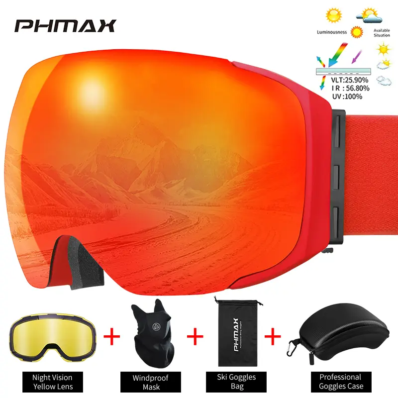 PHMAX Pro Ski Goggles UV400 Anti-fog Eyewear Magnetic Lens Night Vision Yellow Lens Outdoor Sports Snowboard Big Snow Goggles - Image 8